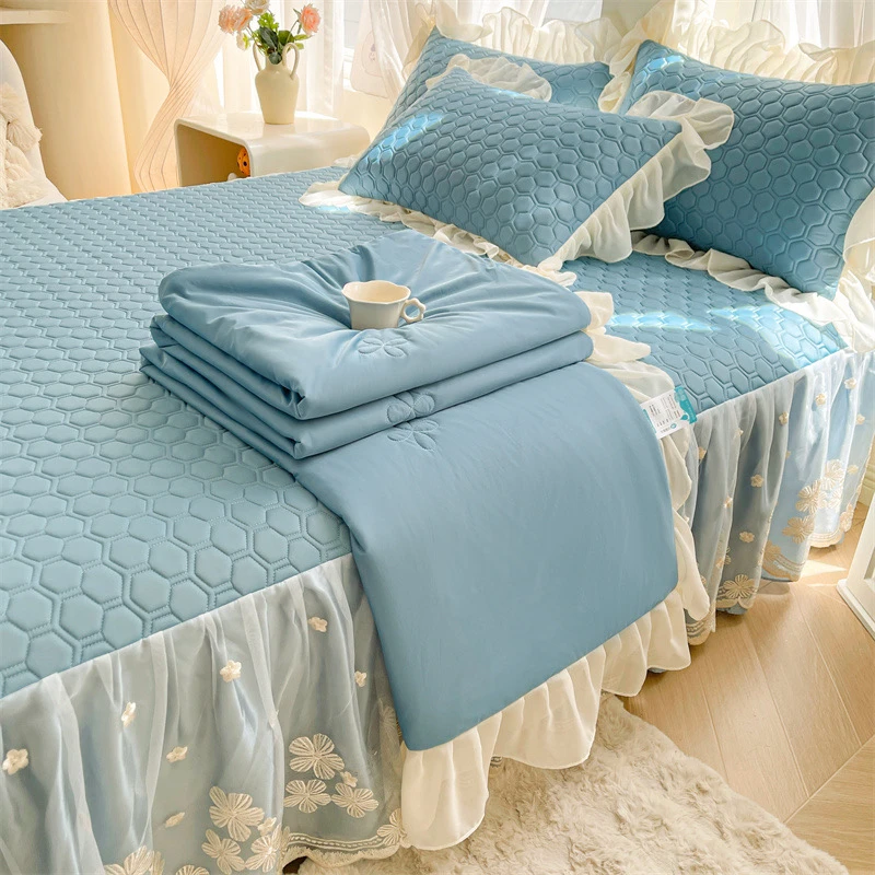 韩式A类冰丝乳胶凉席夏被四件套蕾丝床裙款冰丝席可机洗空调被席