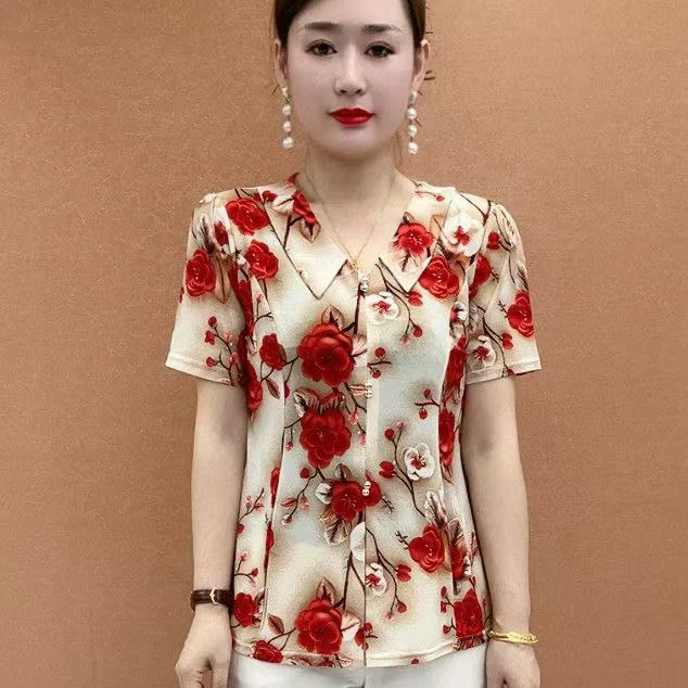 夏季新款妈妈装洋气娃娃领小衫女时尚百搭遮肉显瘦小个子T恤上衣