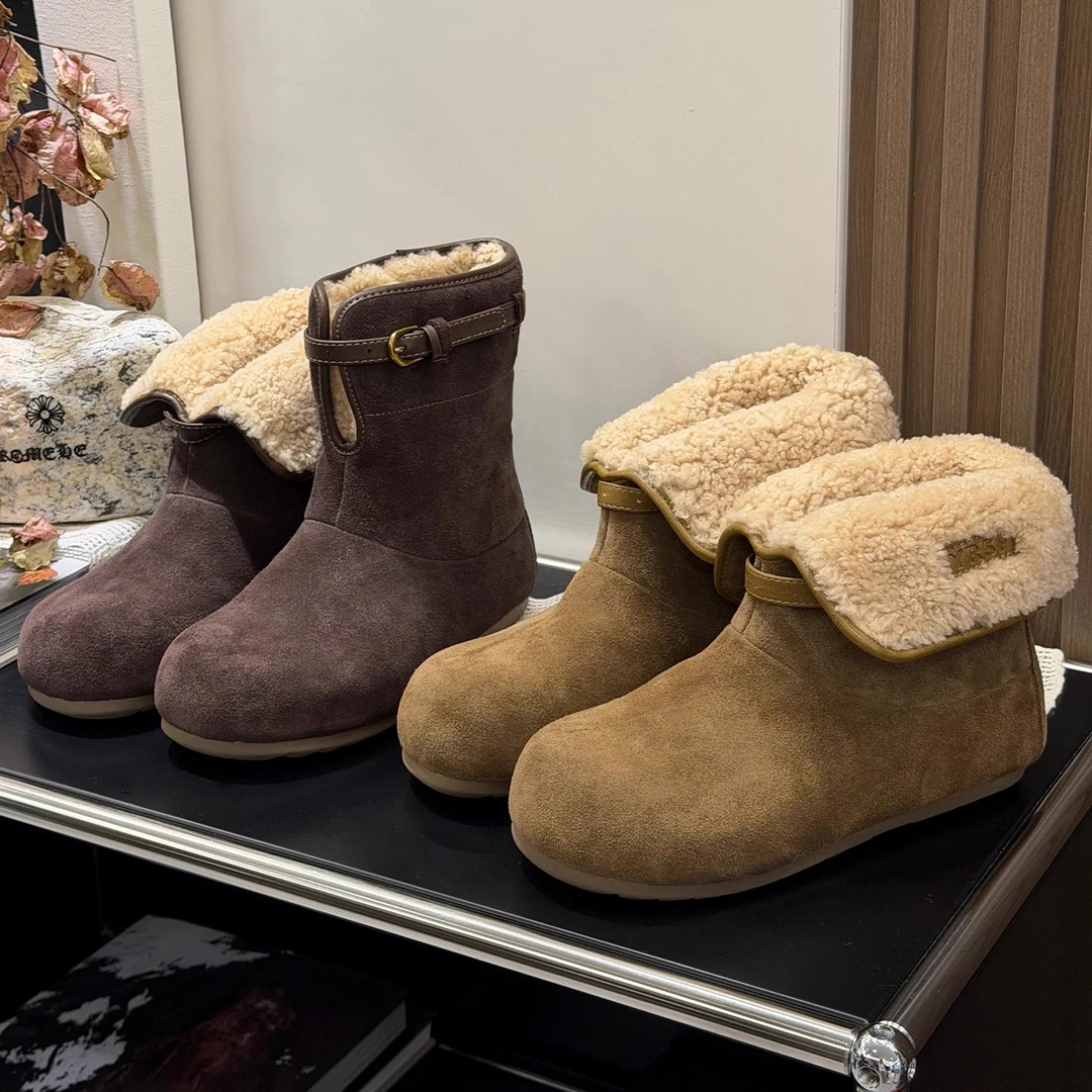 磨砂皮两穿羊羔毛加绒雪地靴女2025新款保暖一脚蹬毛毛鞋棉鞋短靴