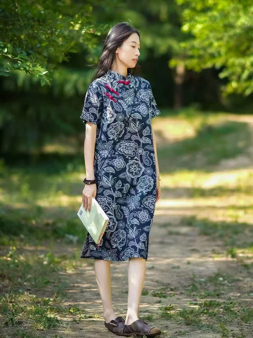 文艺复古蓝新中式盘扣茶服女国风改良旗袍裙民族风棉麻立领连衣裙