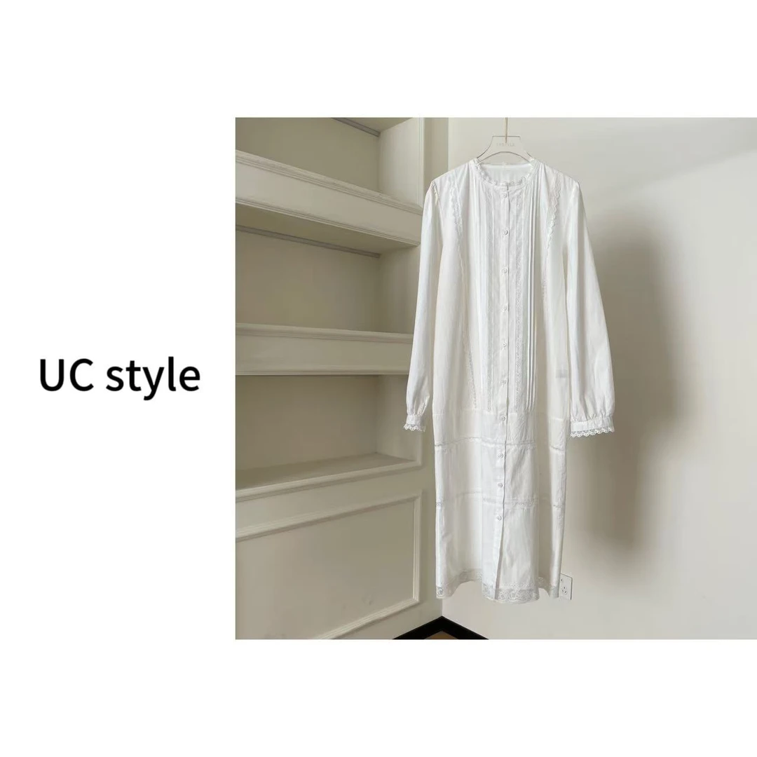 A7193【白玉兰】风琴褶蕾丝拼接长袖衬衫连衣裙主播穿S码