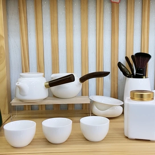 陶瓷家用简约办公双侧把6杯六君子茶叶罐套装，侧把公道跟胡配套