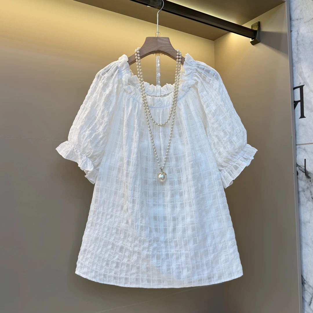 2025夏季新款韩系简约大方一字肩泡泡袖轻薄防晒大码宽松小衫558