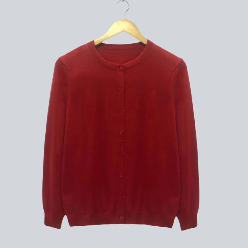 春秋款精纺100%纯羊毛衫女士圆领针织开衫宽松纯色红色长袖外套