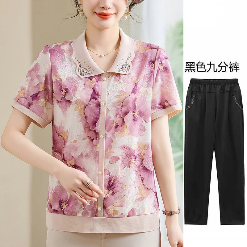 洋气妈妈夏款冰丝小衫中老年女装宽松弹力短袖T恤夏季印花上衣