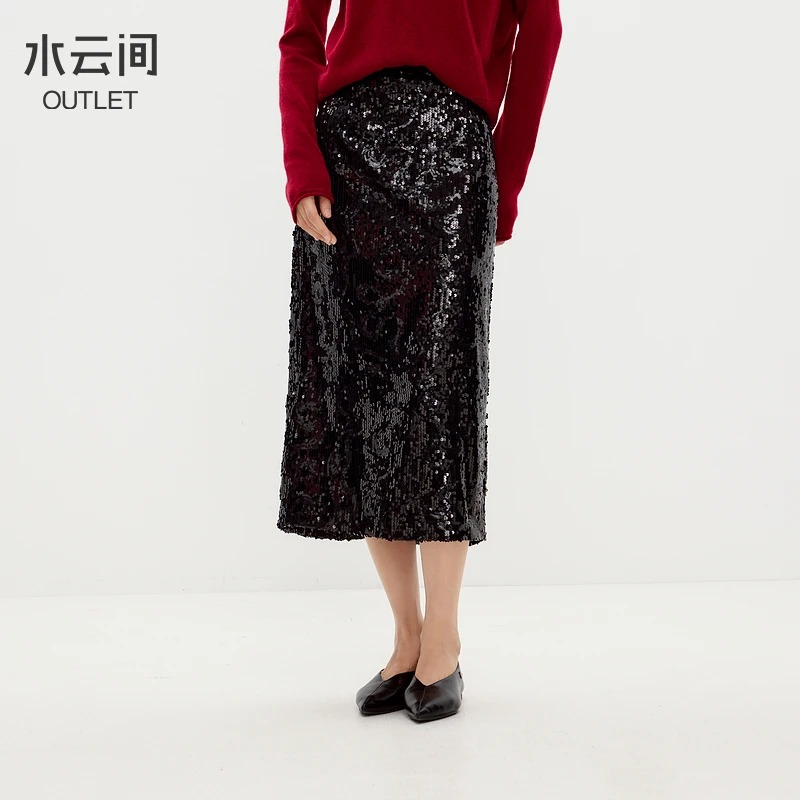 【半身裙】水云间黑色亮片开叉半身裙女高腰12420784