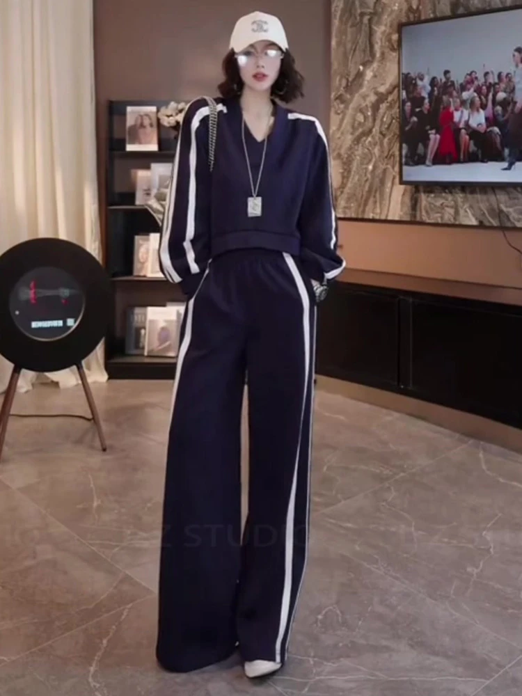 森系ootd炸街高级感休闲运动服条纹套头卫衣阔腿裤秋季两件套装女