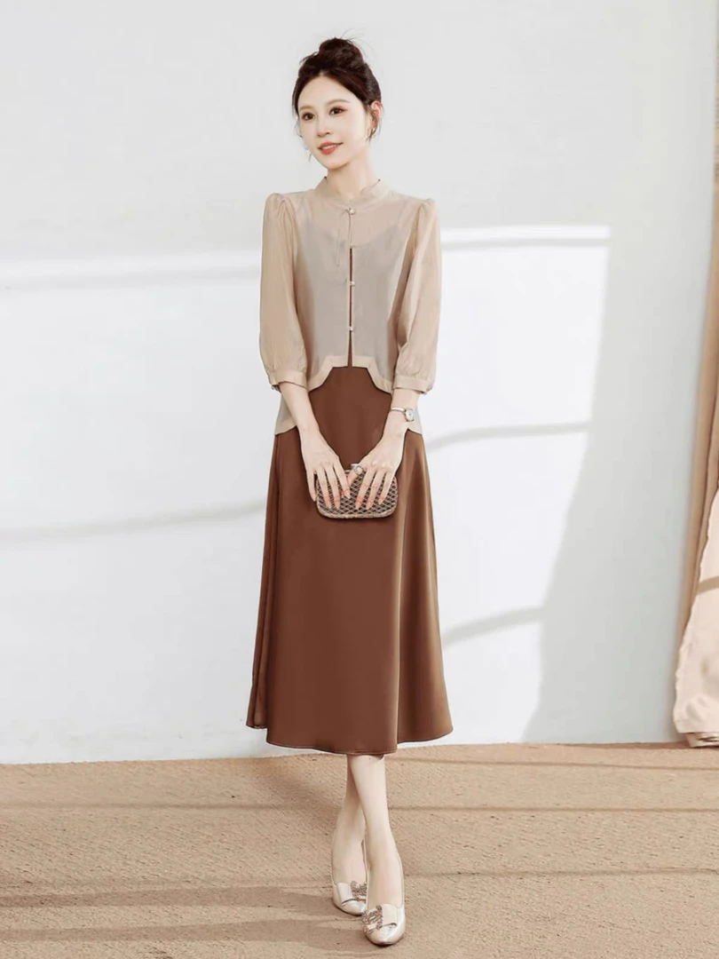 1406 夏季新中式国风盘扣气质高端裙子两件套套裙