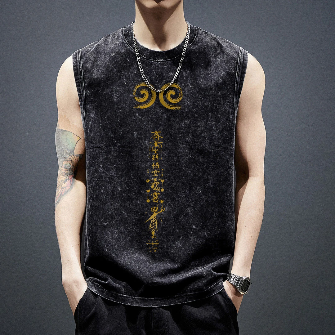 潮牌半袖宽松国潮水洗做旧男坎肩宽松无袖T恤背心运动嘻哈百搭