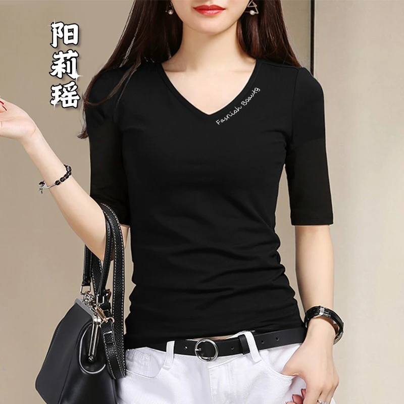 黑色中袖t恤女显瘦修身五分袖内搭半袖七分袖打底衫上衣韩版秋季