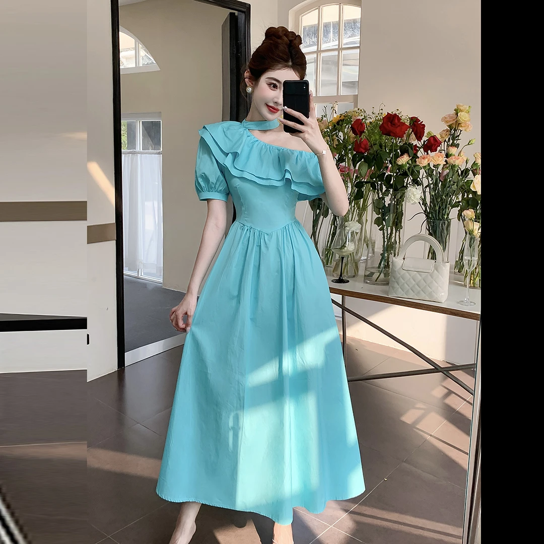 实拍现货新款韩版时尚修身法式挂脖气质露肩斜领荷叶边连衣裙