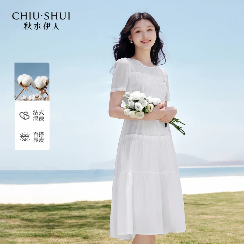 秋水伊人圆领裙子2025年夏季新款时尚微透视连衣裙625203B020420