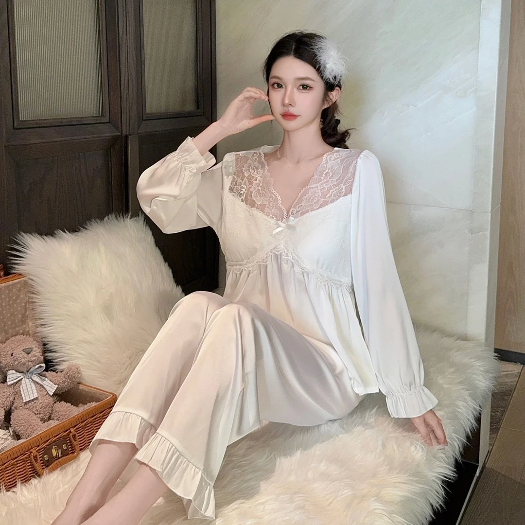 睡衣女春夏季薄款性感长袖套装纯欲风黑色蕾丝女士带胸垫家居服