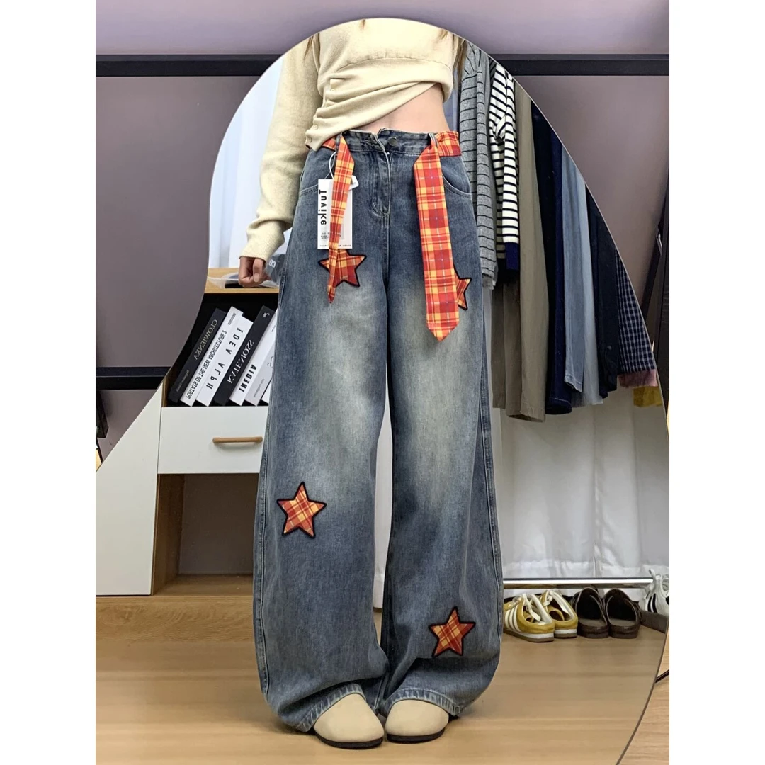 【送腰带】美式星星格纹腰带弯刀牛仔裤女街头风宽松显瘦垂感阔腿裤