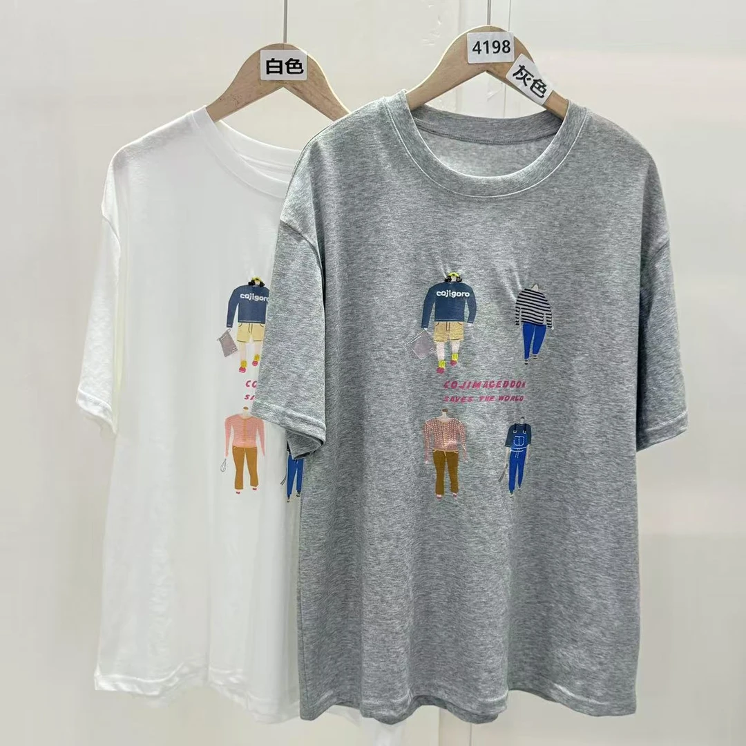 4198号#2309#夏款韩系休闲圆领宽松人物印花刺绣短袖T恤