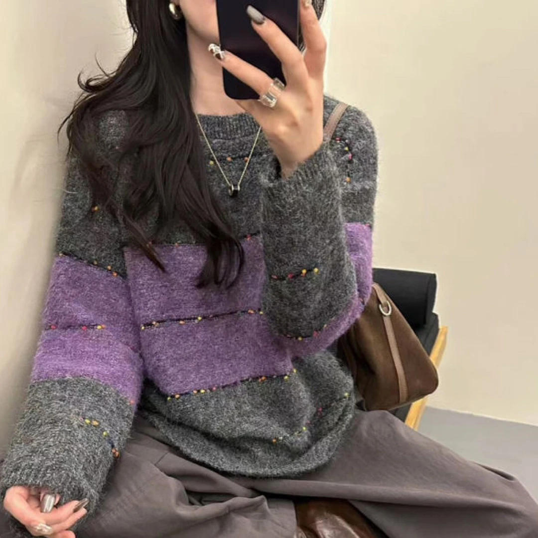 亮丝彩豆条纹针织圆领宽松慵懒减龄型套头毛针织衫复古长袖