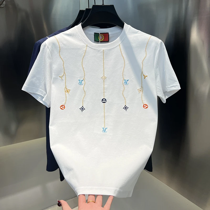 2025年春夏男装新款圆领半袖时尚百搭高品质潮流刺绣男士短袖T恤