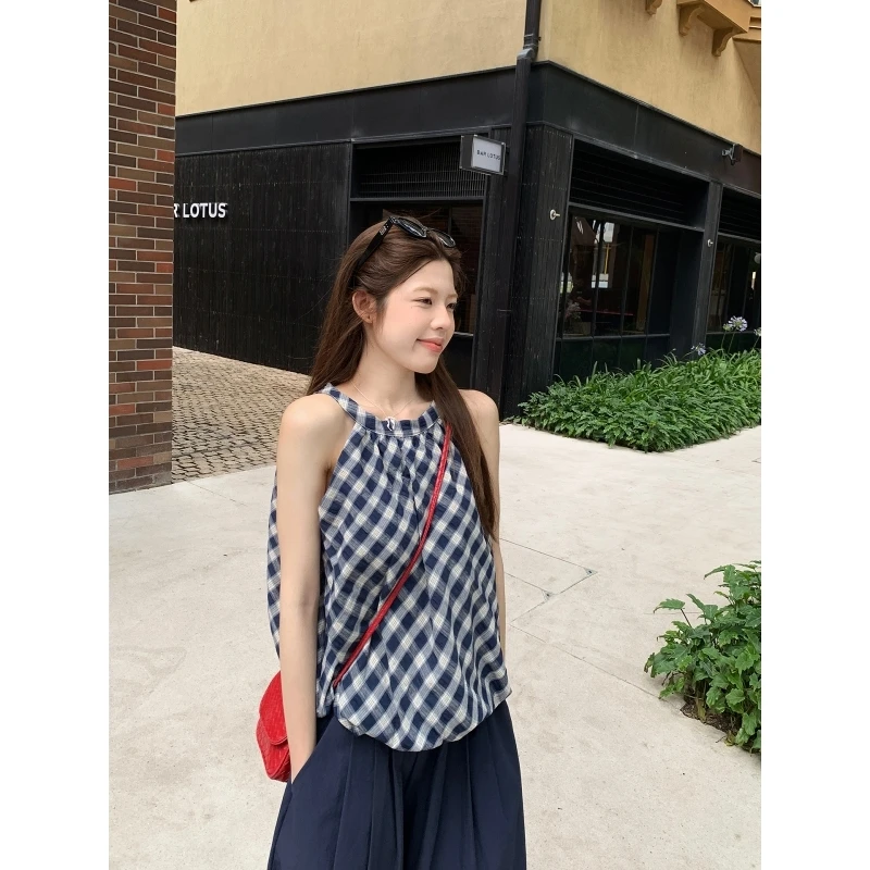 乌77复古蓝白格子蓬蓬挂脖圆领无袖上衣独特设计显瘦百搭背心女夏