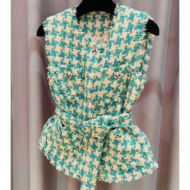 南油版本千鸟格粗花呢小香风马甲绿色时尚无袖显瘦夏季法式