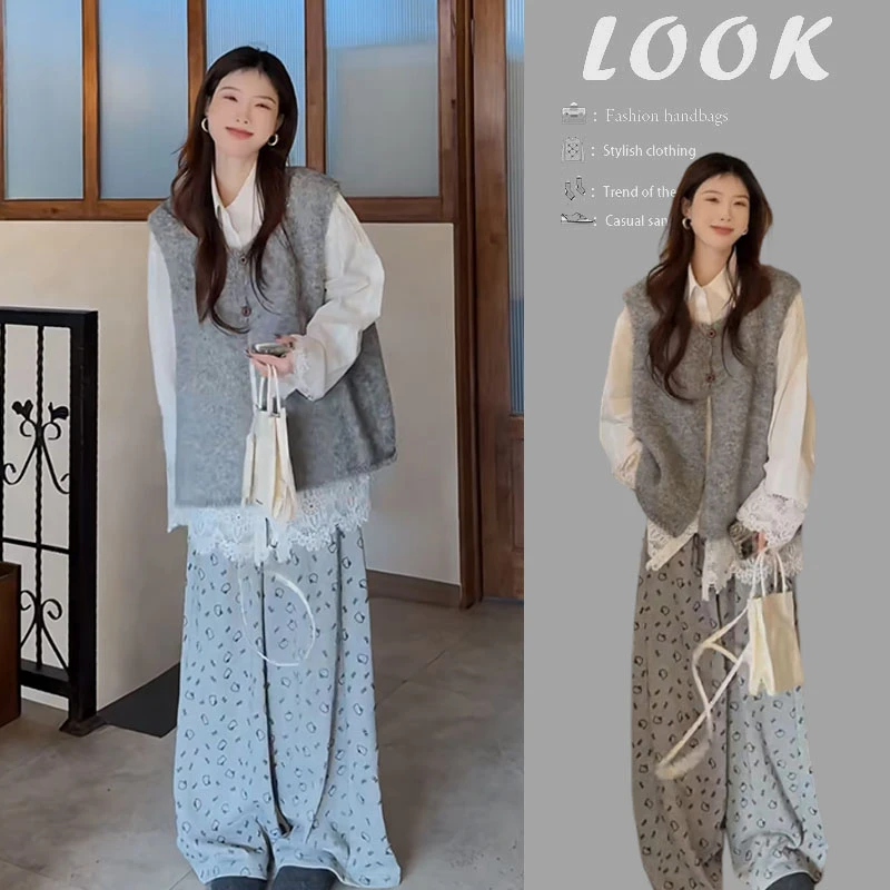 春季穿搭一整套2025新款韩版时尚针织马甲衬衫宽松休闲裤三件套装