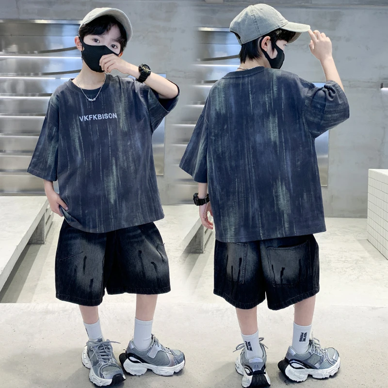 男童夏季套装2025新款儿童帅气短袖牛仔裤两件套中大童男孩夏装潮