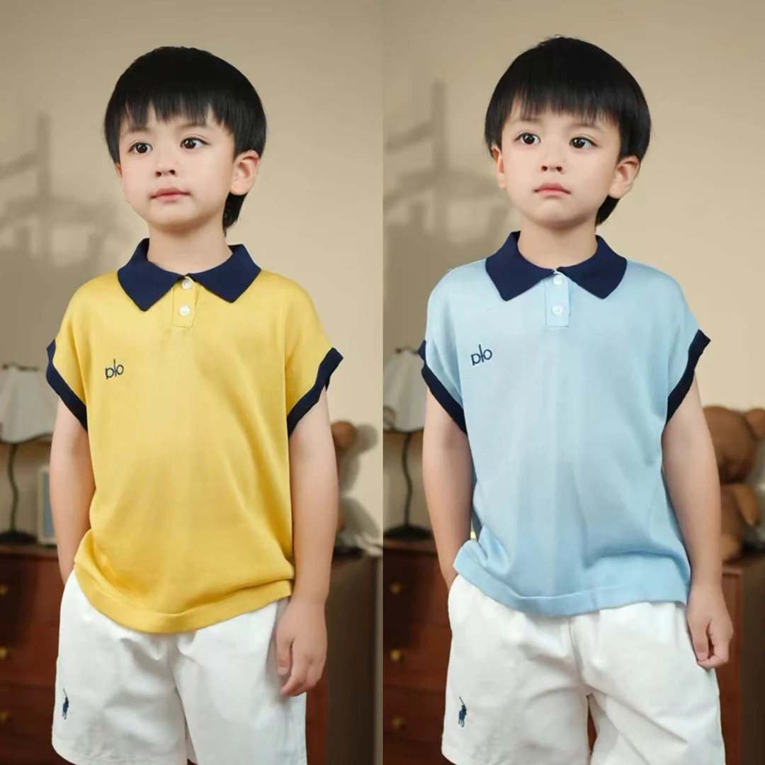 2025短袖透气宽松型夏季纯色洋气童装针织休闲翻领