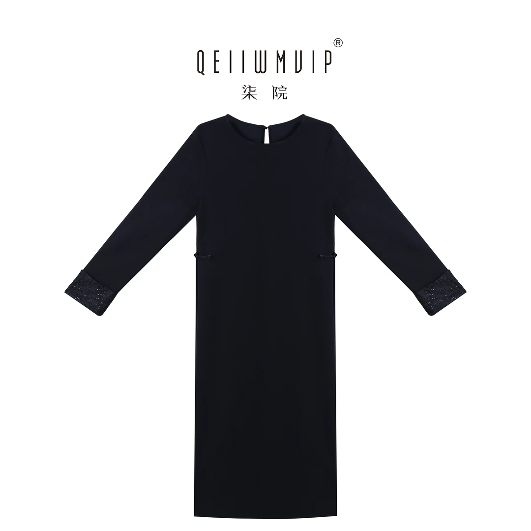 QEIIWMVIP/柒院秋季法式赫本风宽松遮肉显瘦袖口刺绣连衣裙7275