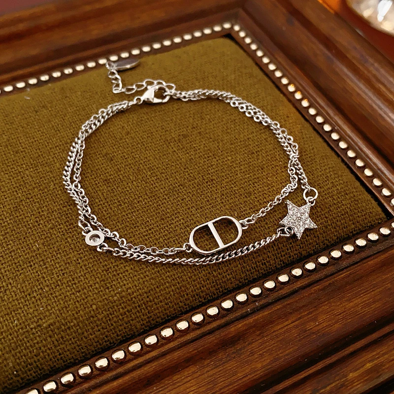 铜合金手链 银色CD双层星星字母手链