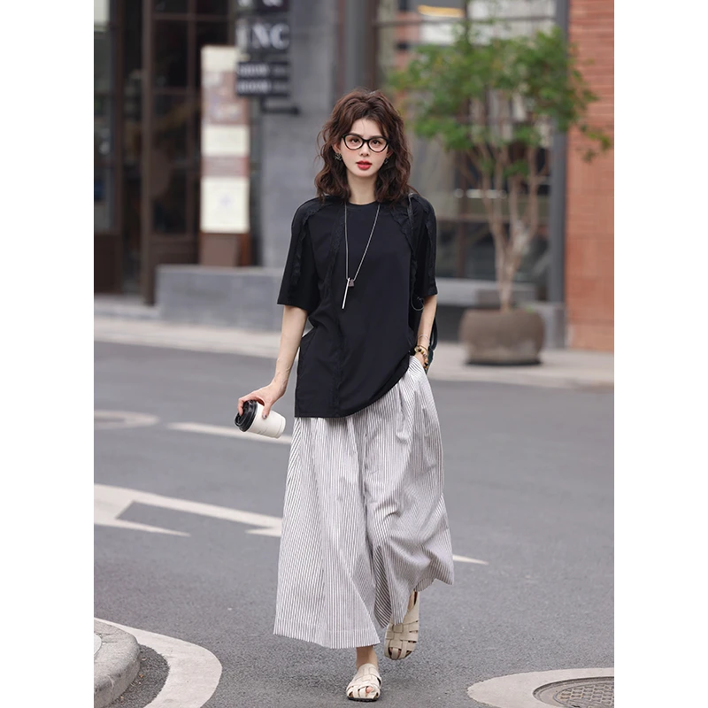 陈佳洁【白桦林】条纹简约宽松休闲高腰阔腿裤女显瘦长裤JC1988393