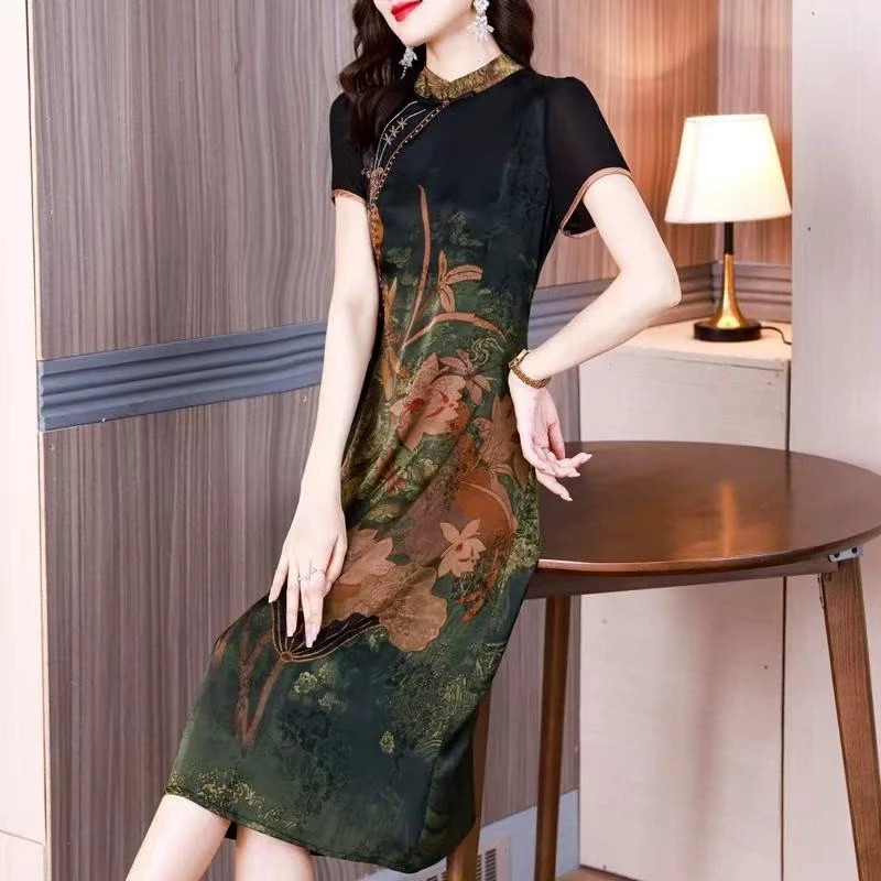 X0367  时尚新中式显瘦提花连衣裙女气质立领国风旗袍裙子百搭