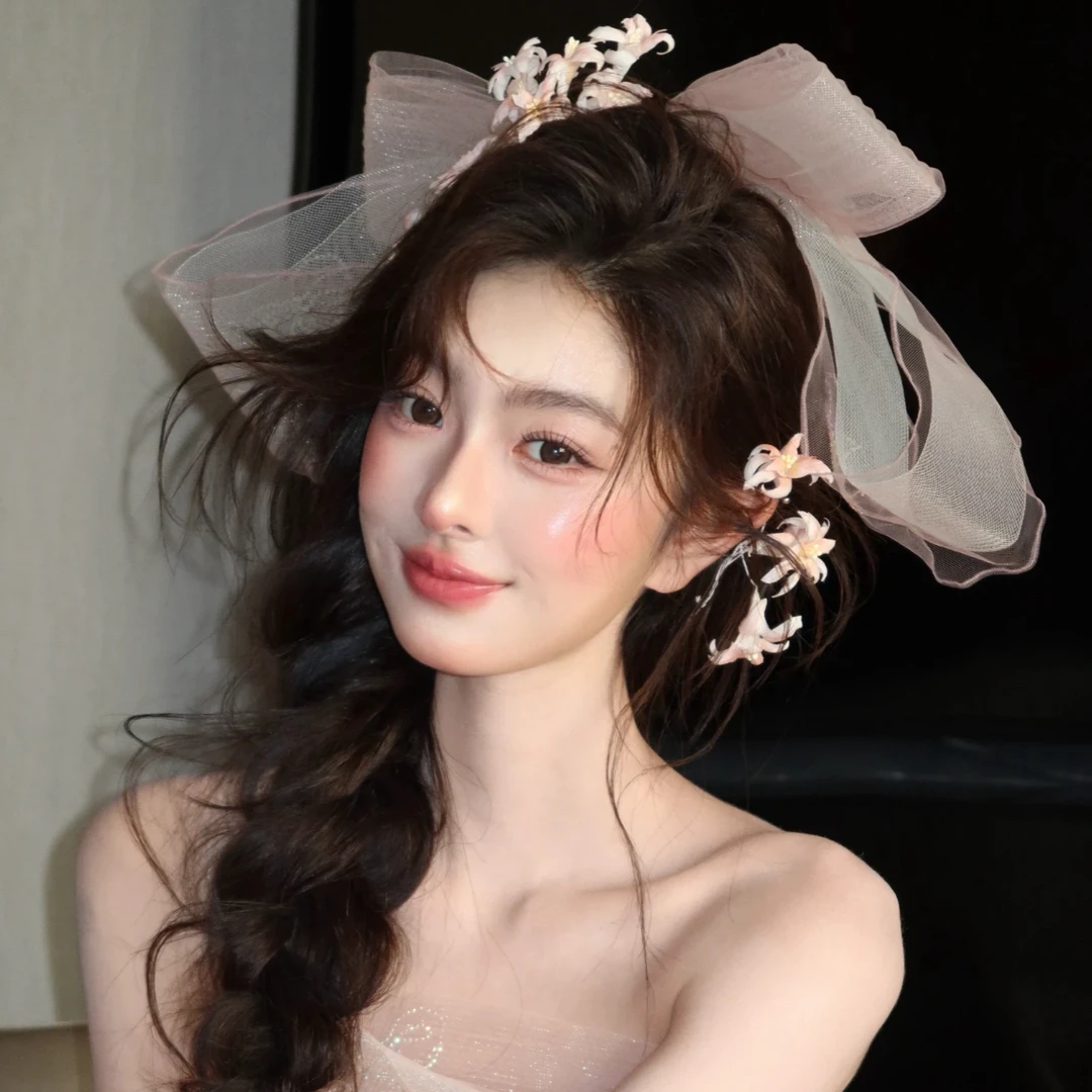 T7026唯美森系新娘头饰婚礼流苏韩式甜美粉色发饰