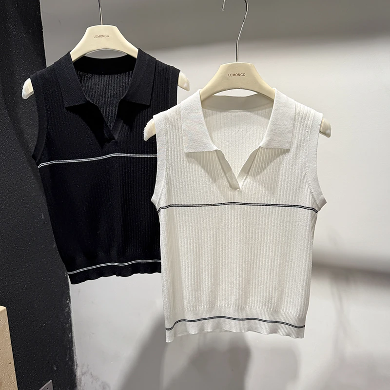2025新款高级感撞色无袖polo领针织背心女气质无袖冰丝翻领上衣潮