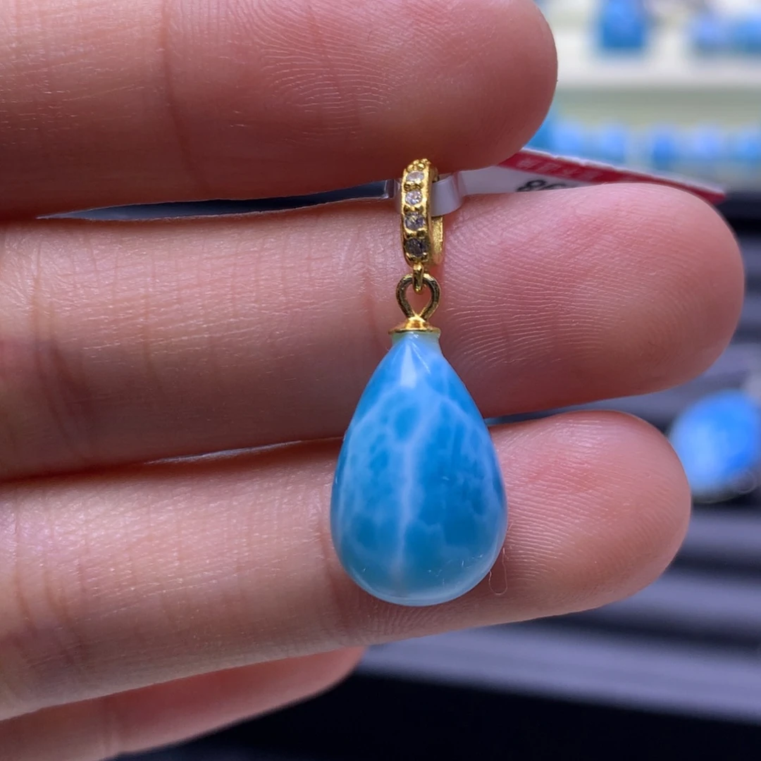 针钠钙石（海纹石）银S925镶嵌吊坠(不含链)水滴吊坠色差略异