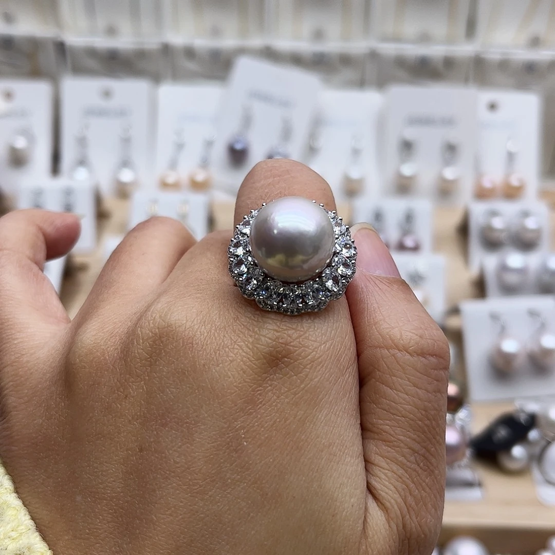 肉****戒指淡水珍珠银S925镶嵌13.7微瑕定制不退不换