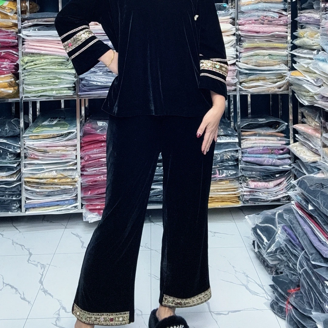 中国风宫廷风时尚显瘦长款秋冬金丝绒女士上衣加裤子