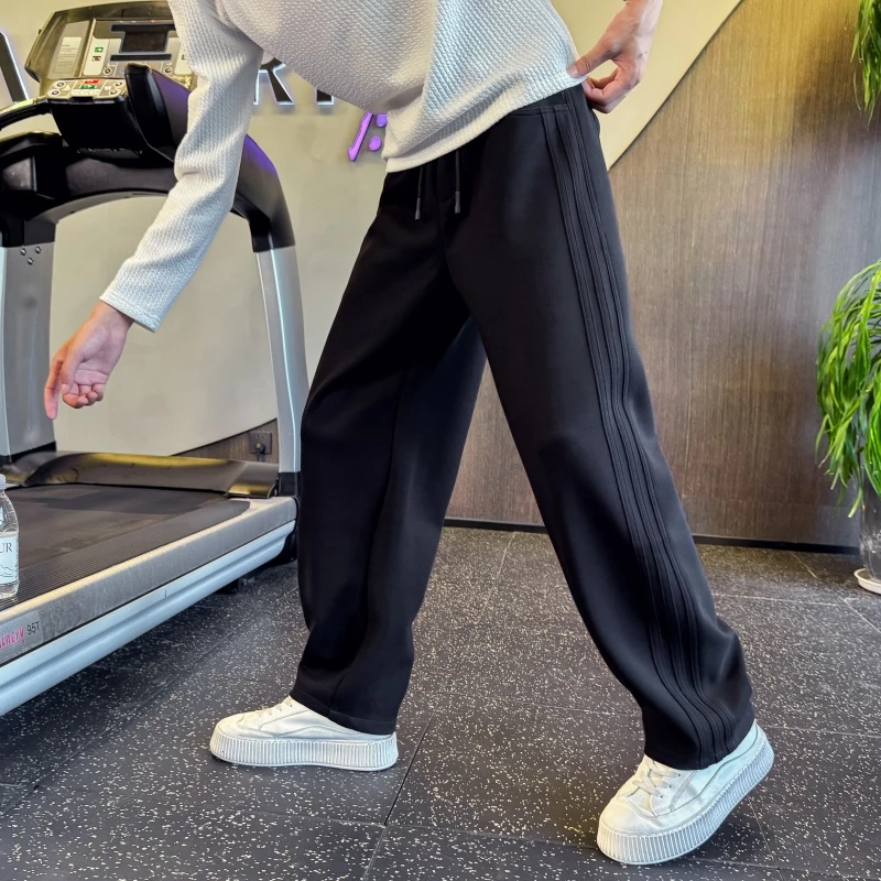 殿若垂感条纹裤子男款秋冬季潮流加绒直筒运动裤新款男士休闲长裤