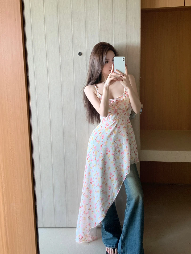 立体花卉碎花连衣裙下摆收腰长裙设计感不规则裙子