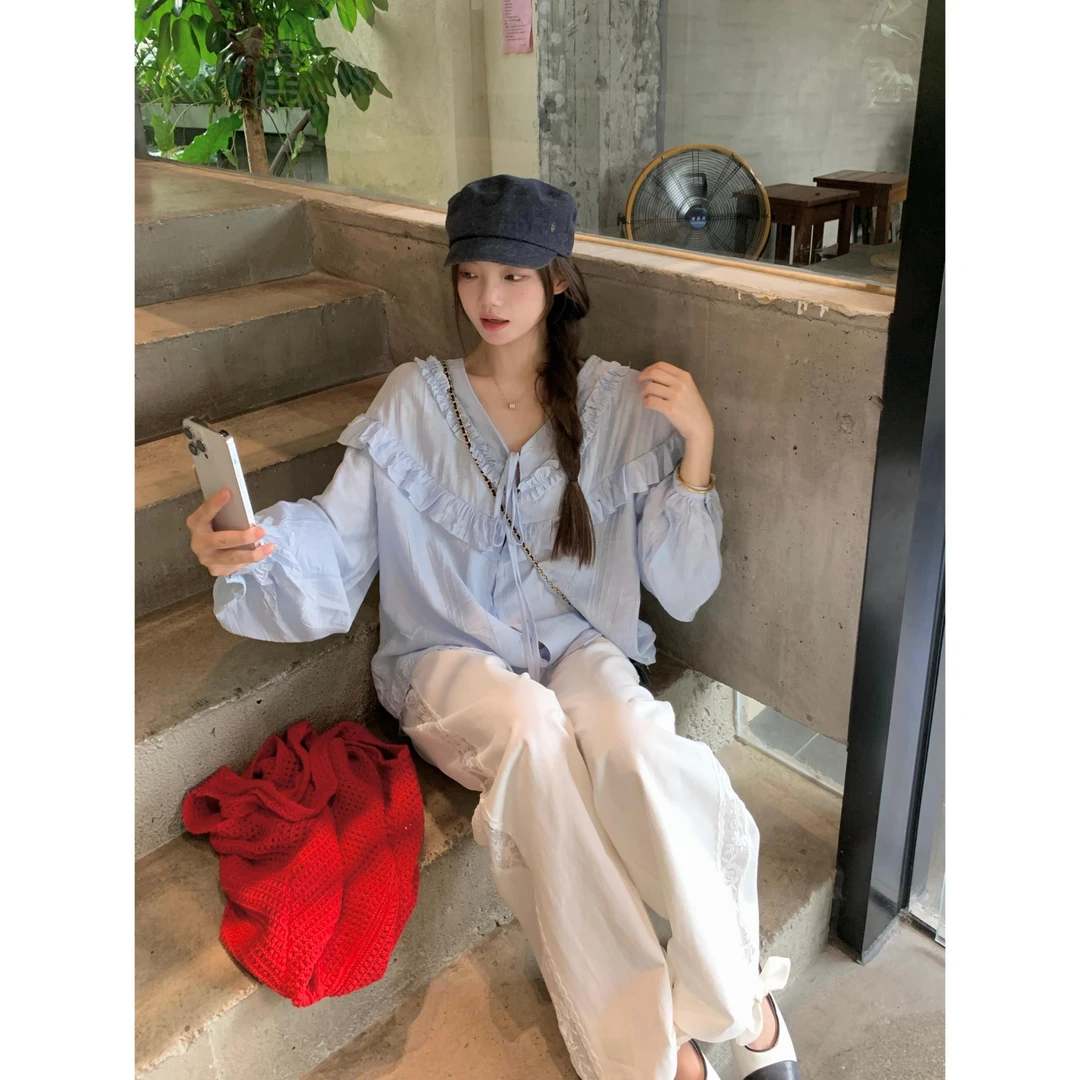 早秋法式木耳边V领系带衬衫女浪漫减龄衬衣宽松显瘦上衣Y3207