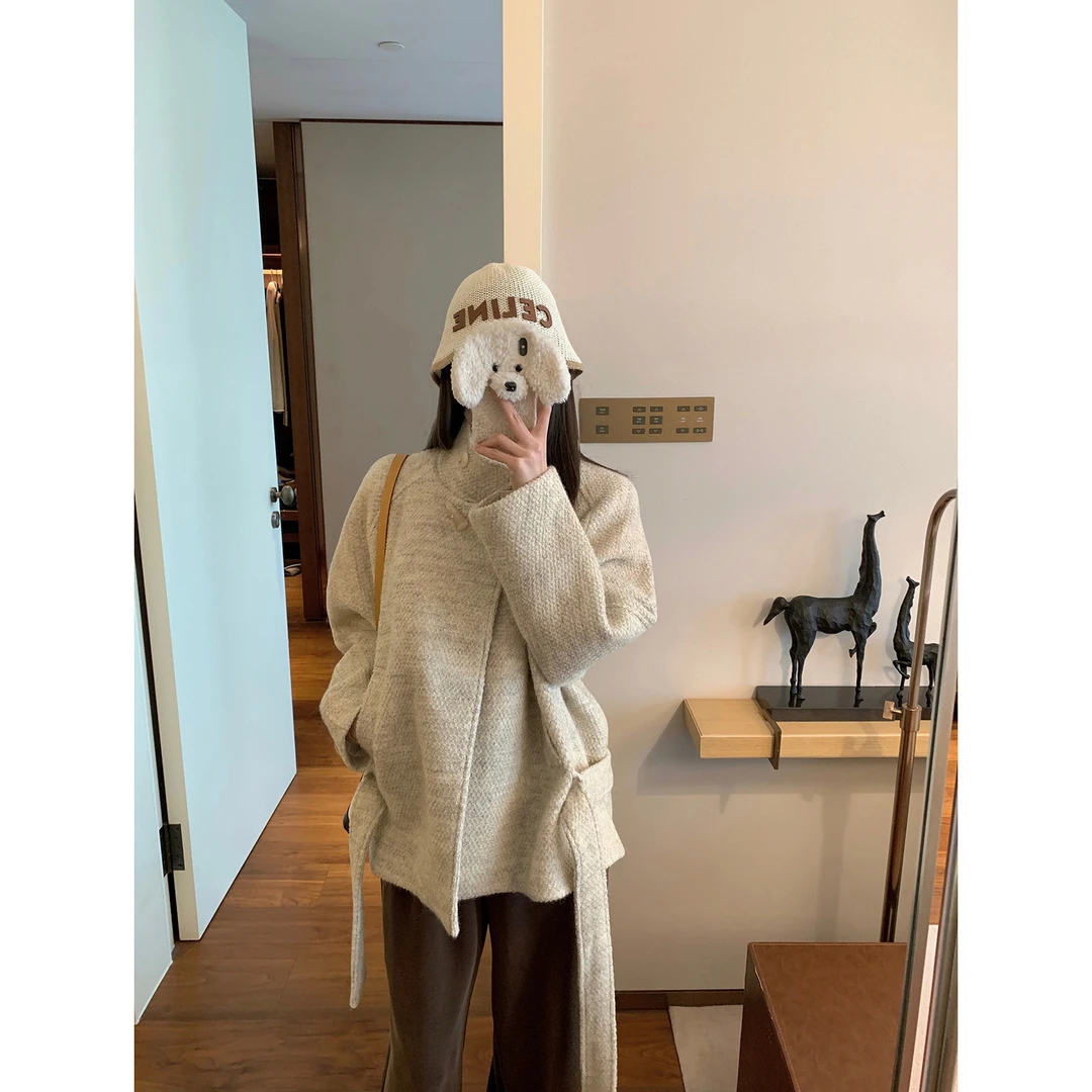 自制咩咩毛燕麦花色圈圈毛插肩毛呢外套女温柔气质大衣宽松秋冬款