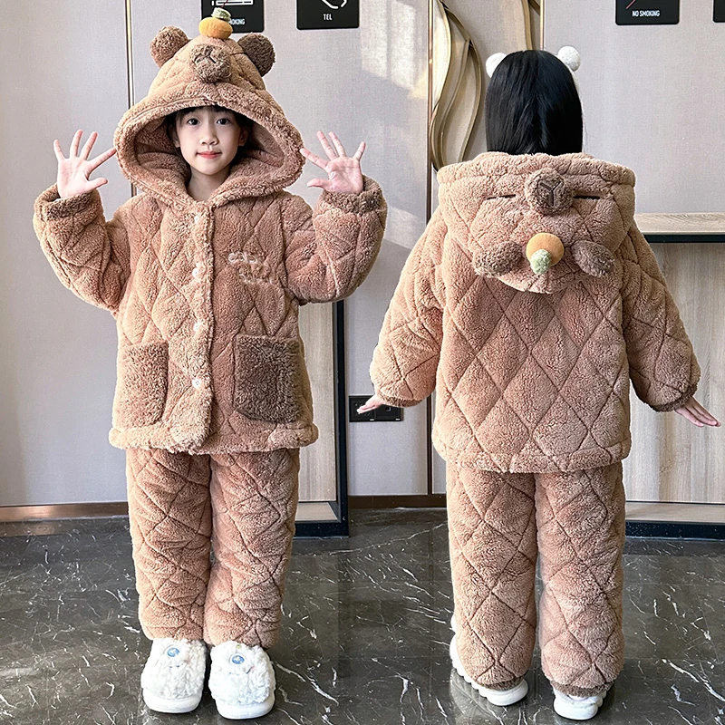 女童冬季睡衣法兰绒儿童套装加绒加厚三层夹棉大童女孩公主家居服