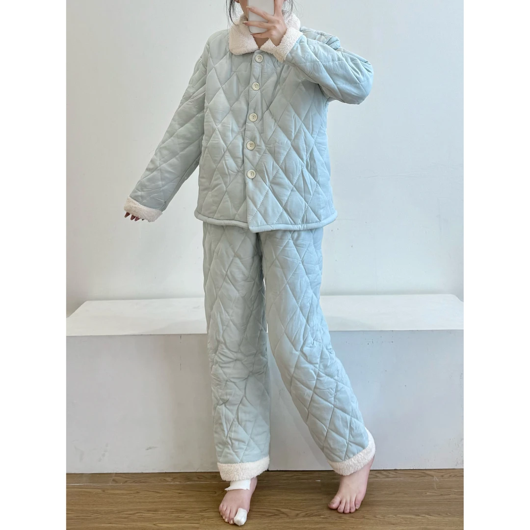 高级感纯色保暖夹棉睡衣女冬款加绒加厚宽松开衫家居服套装可外穿