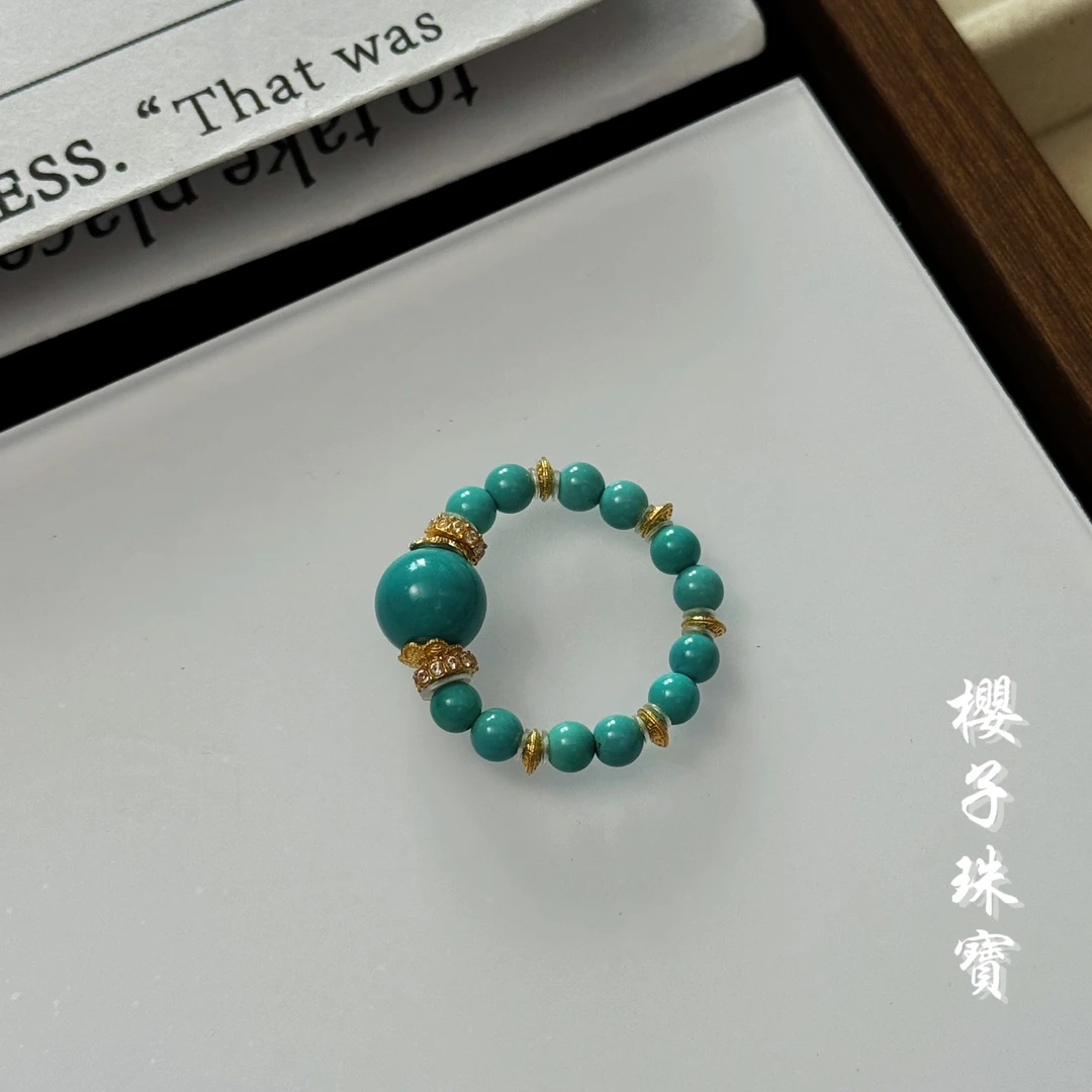 樱子 | 竹和 18K金8m顶珠绿松小米珠时尚百搭设计戒指*YZL2982