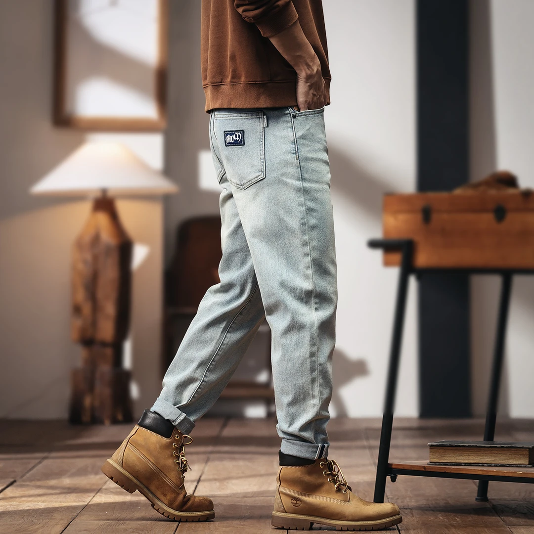 格蓝鹿美式复古浅色水洗牛仔裤男士修身夏季薄款直筒锥形休闲裤子