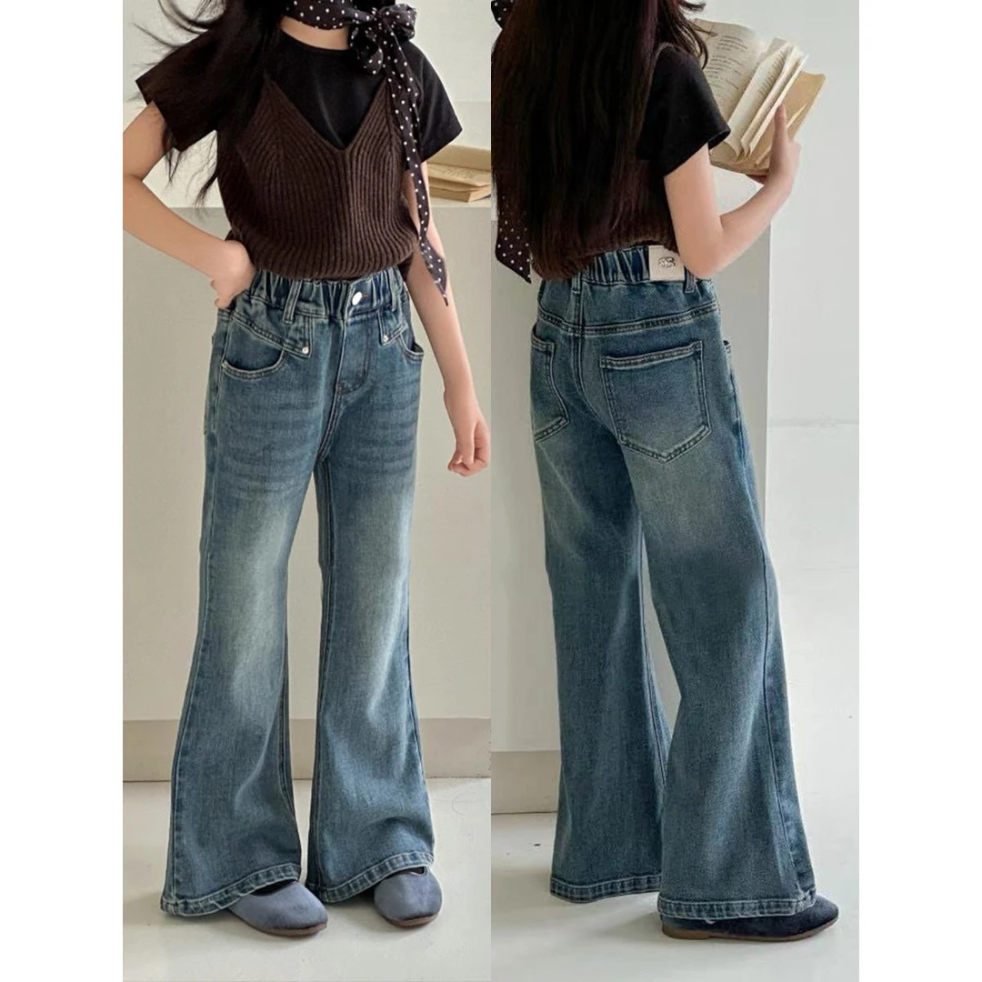 女童牛仔喇叭裤春秋款2025儿童弹力牛仔裤女孩洋气微喇裤时髦长裤