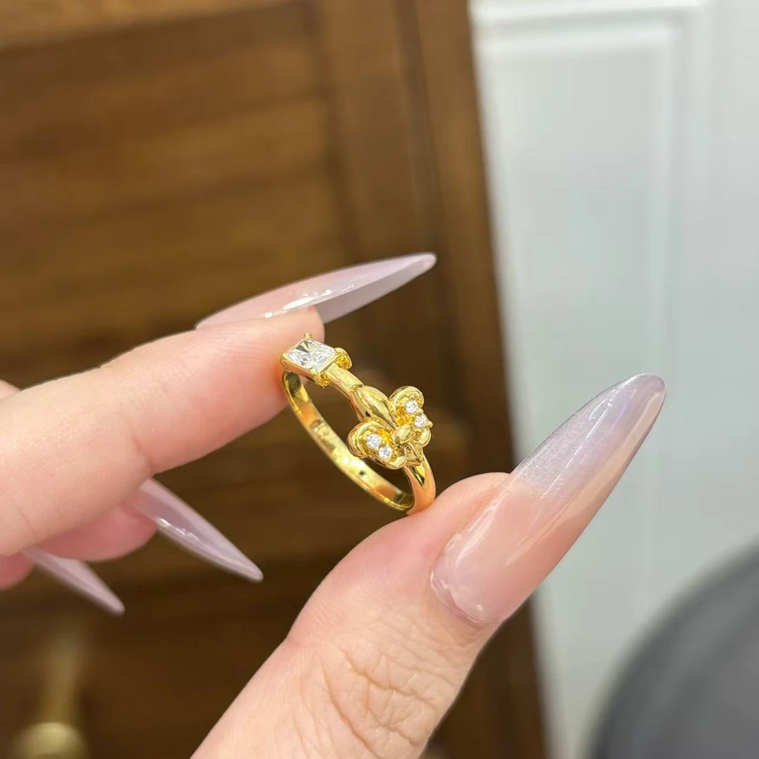 足金999鸢尾花方钻戒指5D镶嵌轻奢精致小众低预算送礼物黄金戒指
