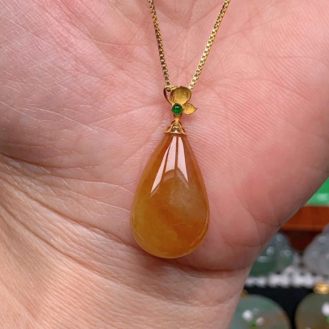缅甸天然翡翠A货 18K金镶天然黄翡水滴吊坠9/223尺寸25x13.3x5.8