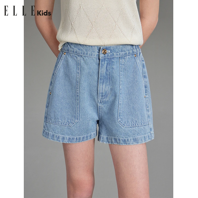 ELLE KIDS童装 法式度假女儿童夏季浅牛仔大容量斜插袋牛仔短裤A4