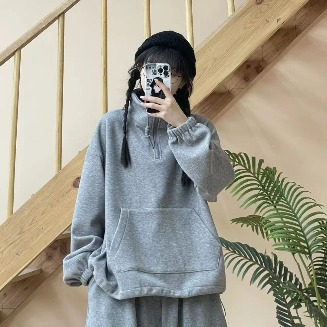 冬季新款慵懒风宽松版衬衫领大口袋加绒加厚款卫衣55281款