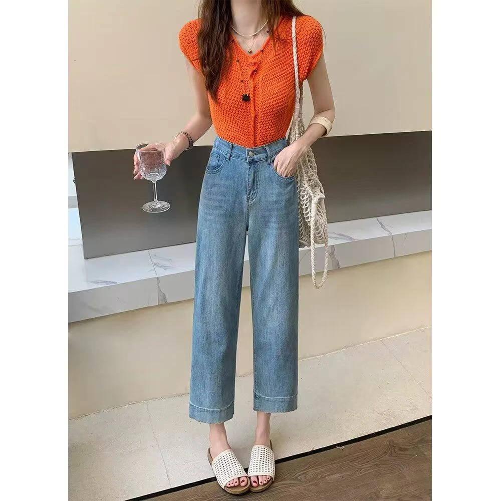 东大门大码胖妹妹mm牛仔裤女小个子夏季高腰显瘦宽松窄版直筒九分