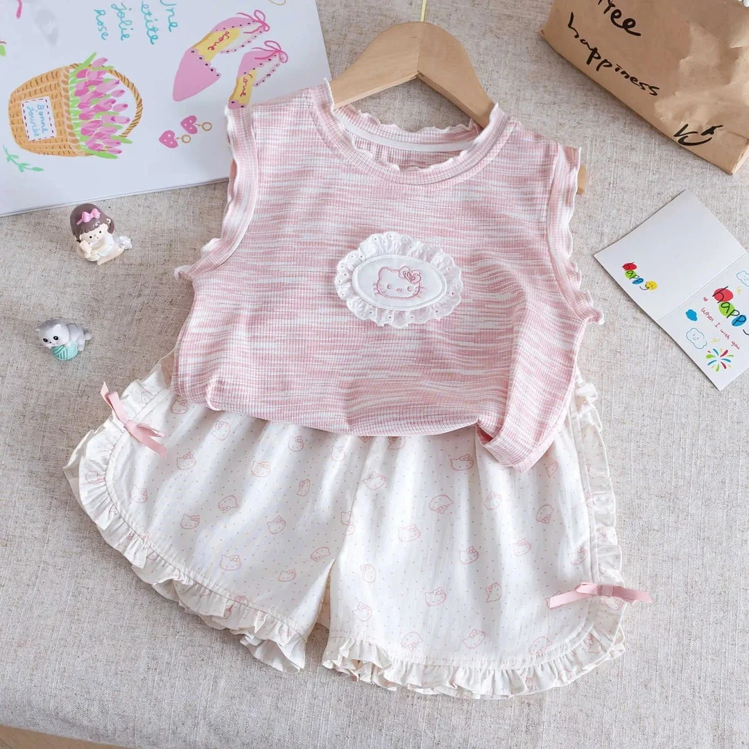 女童套装2025夏款新款甜美猫咪花边背心上衣刺绣短裤舒适两件套装